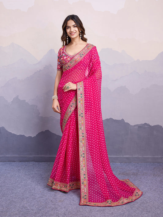 Green glass silk sari with multi-colored red floral blouse and digital print, sequin and thread embroidery