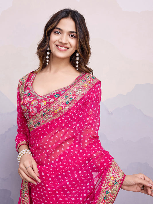 Green glass silk sari with multi-colored red floral blouse and digital print, sequin and thread embroidery