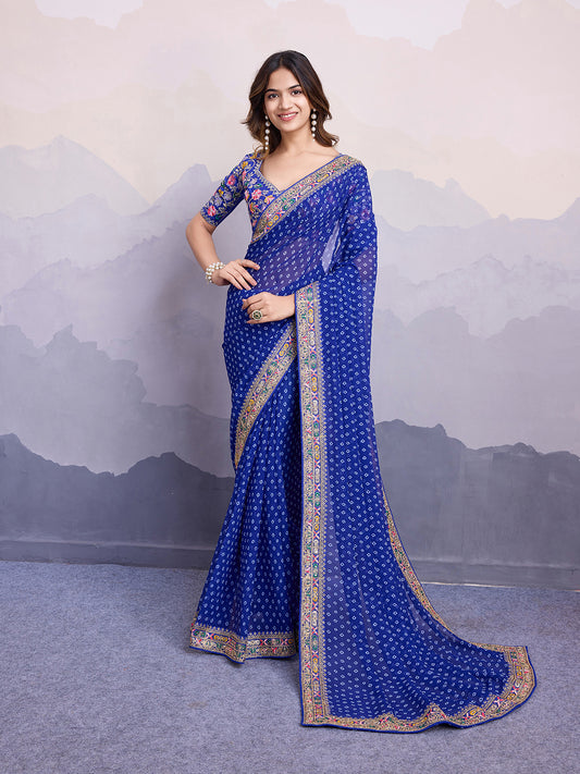 Green glass silk sari with multi-colored red floral blouse and digital print, sequin and thread embroidery