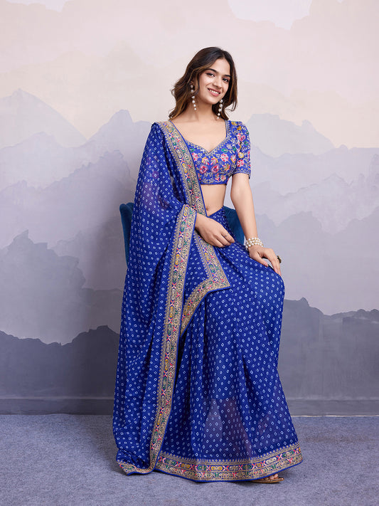 Green glass silk sari with multi-colored red floral blouse and digital print, sequin and thread embroidery
