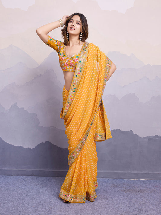 Green glass silk sari with multi-colored red floral blouse and digital print, sequin and thread embroidery