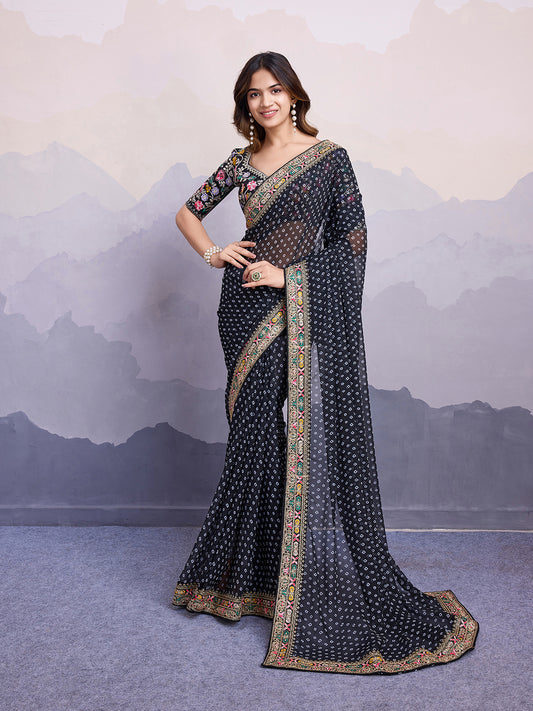 Green glass silk sari with multi-colored red floral blouse and digital print, sequin and thread embroidery
