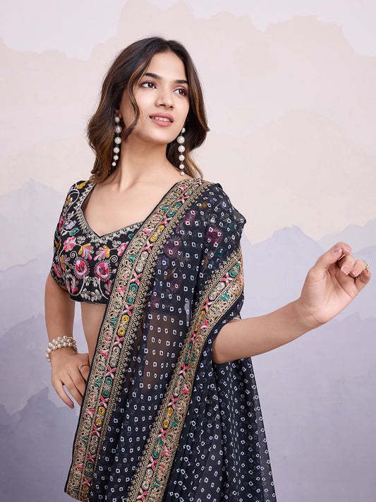 Green glass silk sari with multi-colored red floral blouse and digital print, sequin and thread embroidery
