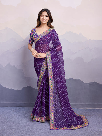 Green glass silk sari with multi-colored red floral blouse and digital print, sequin and thread embroidery