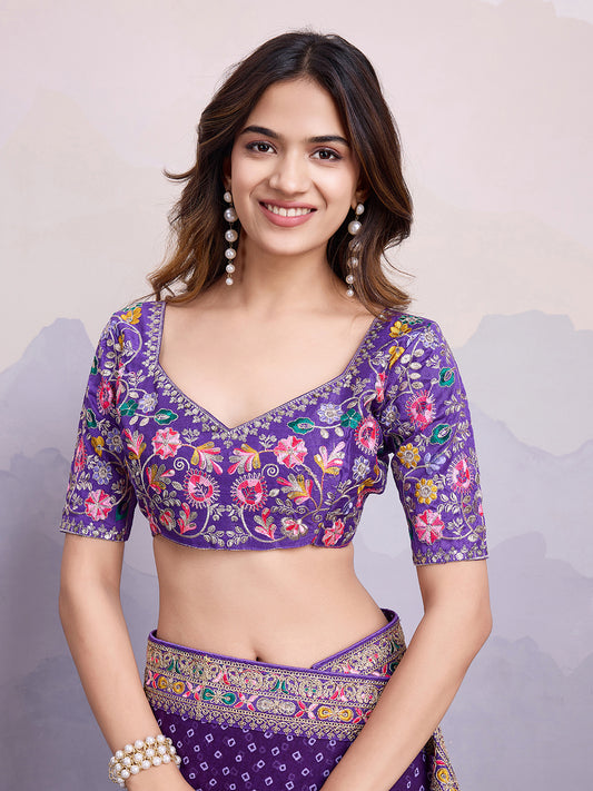 Green glass silk sari with multi-colored red floral blouse and digital print, sequin and thread embroidery