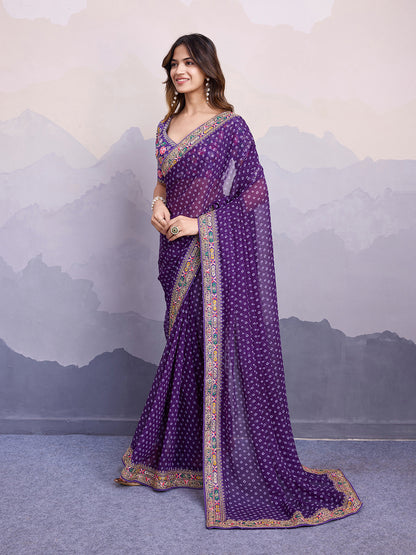 Green glass silk sari with multi-colored red floral blouse and digital print, sequin and thread embroidery