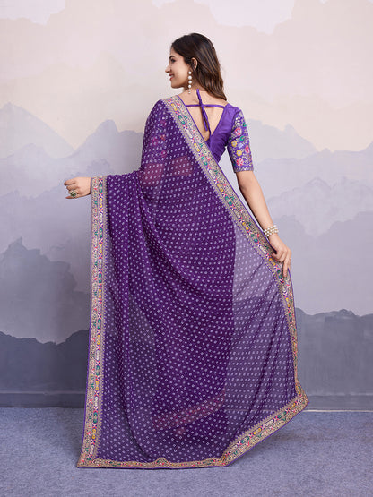Green glass silk sari with multi-colored red floral blouse and digital print, sequin and thread embroidery