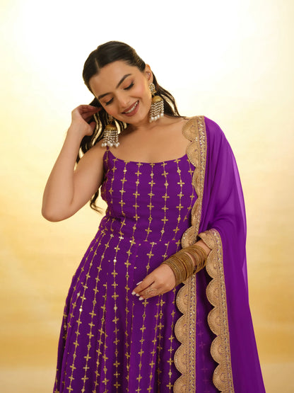 Purple georgette long dress with embroidery, accompanied by a traditional dupatta