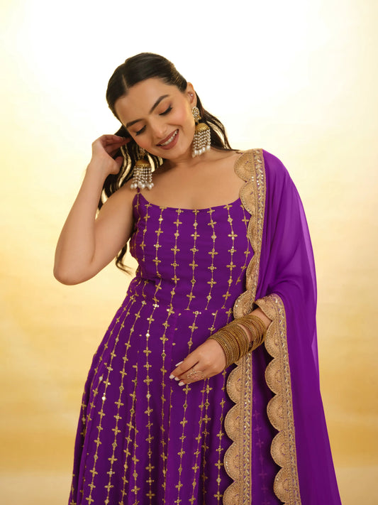 Purple georgette long dress with embroidery, accompanied by a traditional dupatta