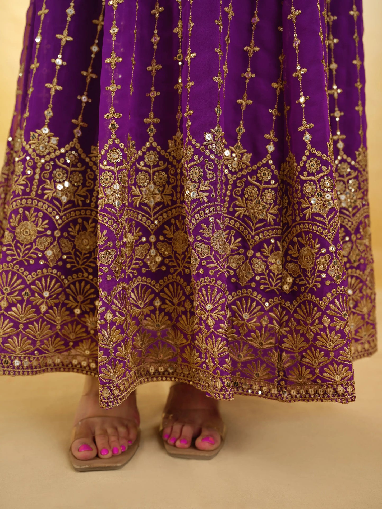 Purple georgette long dress with embroidery, accompanied by a traditional dupatta