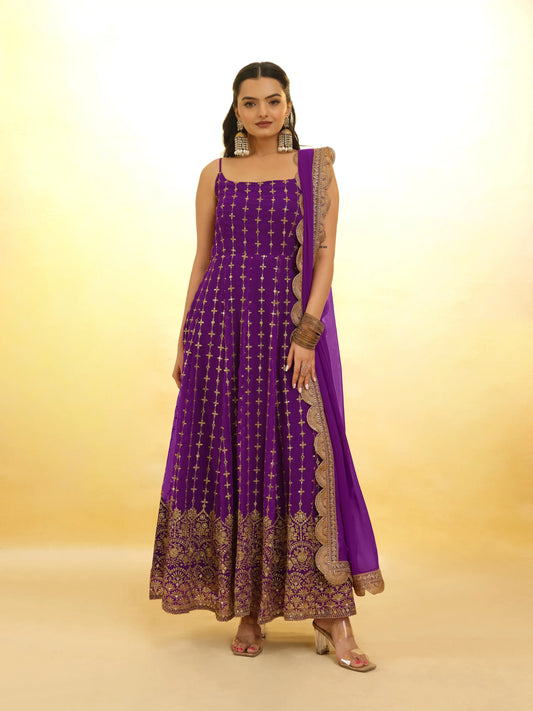 Purple georgette long dress with embroidery, accompanied by a traditional dupatta