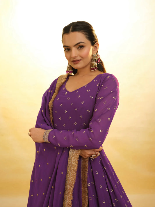 Purple georgette dress with embroidery and matching dupatta