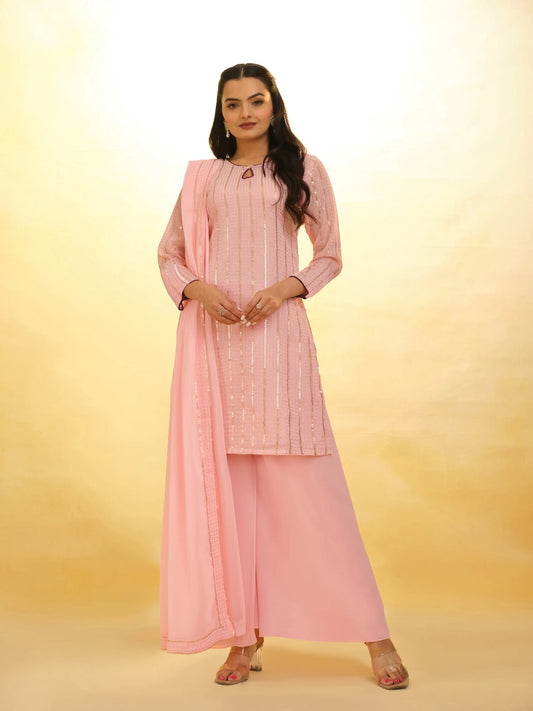 Pfirsichfarbener Georgette-Salwar-Anzug mit Palazzo und Dupatta
