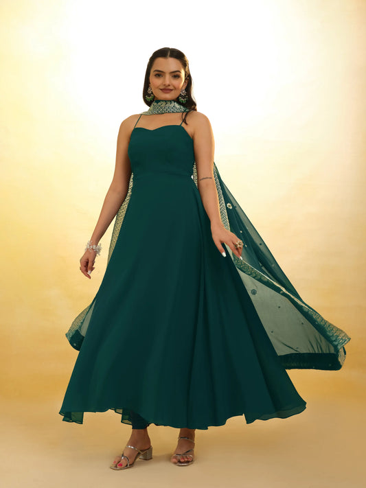 Green georgette maxi dress with embroidery and versatile dupatta