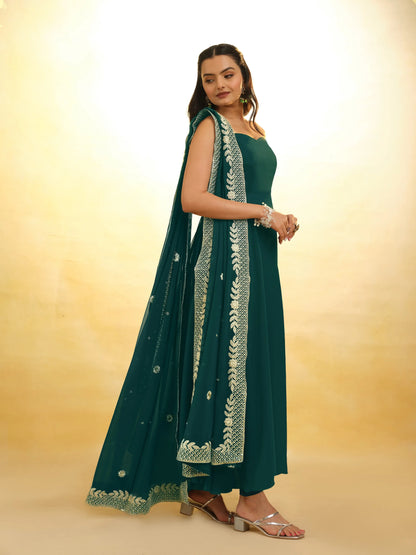 Green georgette maxi dress with embroidery and versatile dupatta