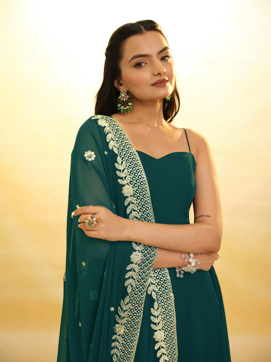 Green georgette maxi dress with embroidery and versatile dupatta