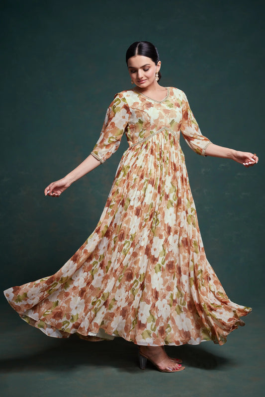 Traditional georgette multi-colored beige printed long dress