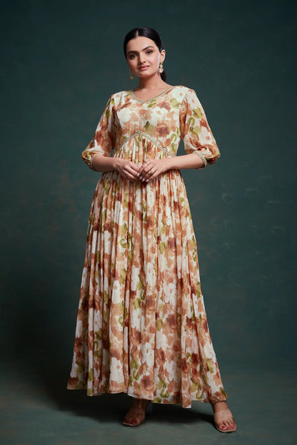 Traditional georgette multi-colored beige printed long dress