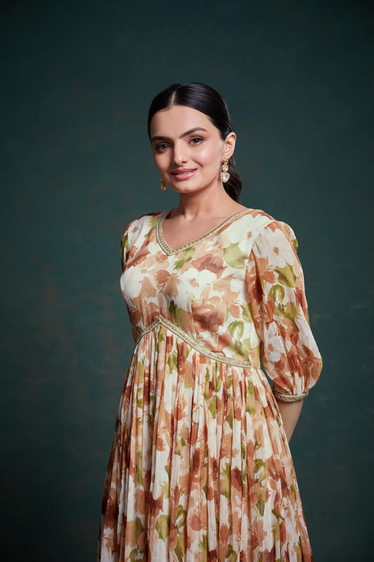Traditional georgette multi-colored beige printed long dress
