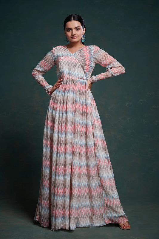 Pink and gray printed georgette long dress
