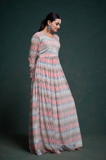 Pink and gray printed georgette long dress