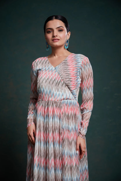 Pink and gray printed georgette long dress