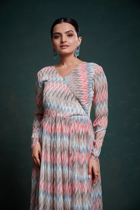 Pink and gray printed georgette long dress