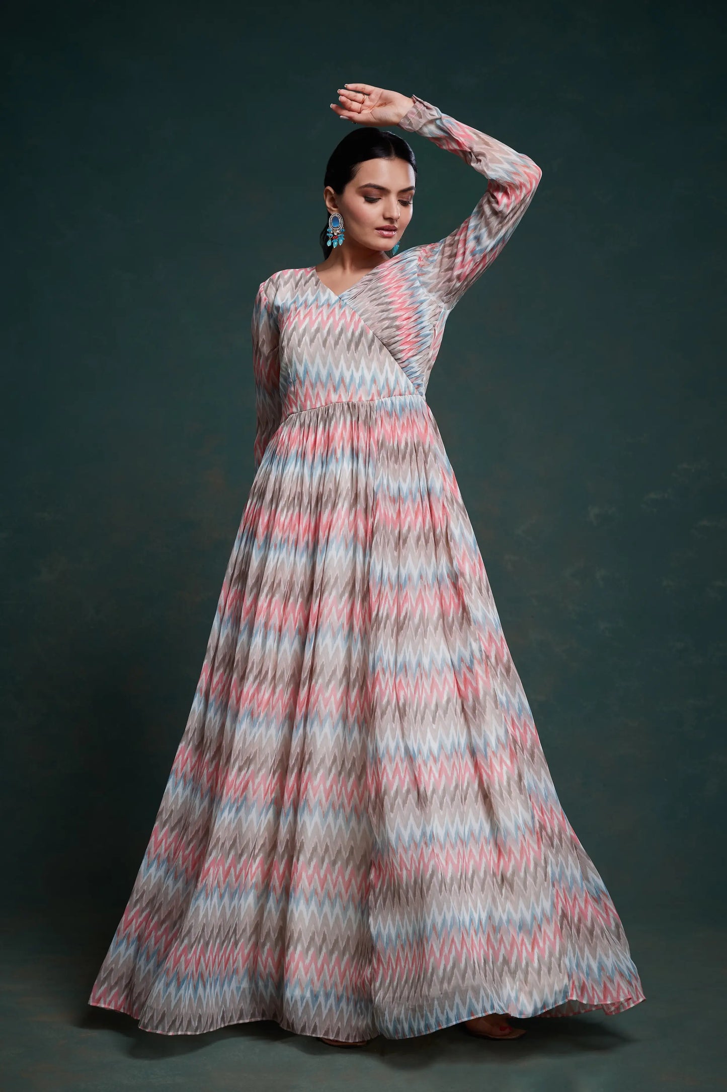 Pink and gray printed georgette long dress