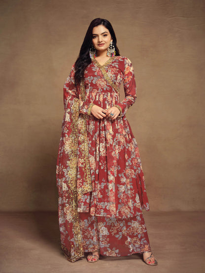 Ensemble Salwar Suit imprimé en chiffon rouge cerise avec dupatta