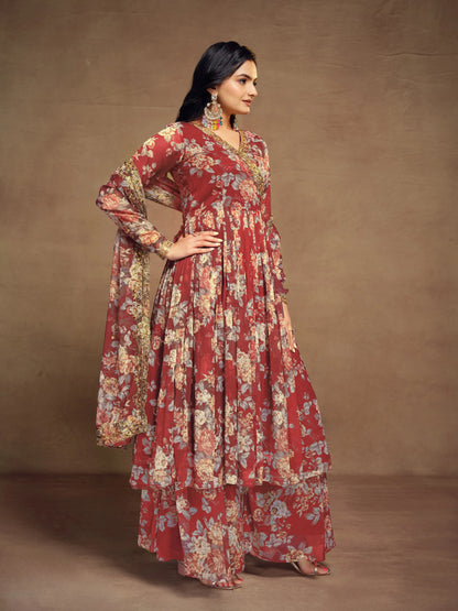 Ensemble Salwar Suit imprimé en chiffon rouge cerise avec dupatta