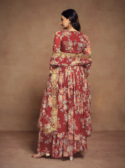 Ensemble Salwar Suit imprimé en chiffon rouge cerise avec dupatta