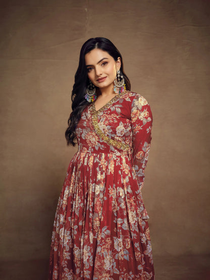 Ensemble Salwar Suit imprimé en chiffon rouge cerise avec dupatta