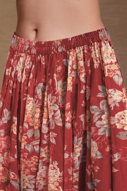 Ensemble Salwar Suit imprimé en chiffon rouge cerise avec dupatta