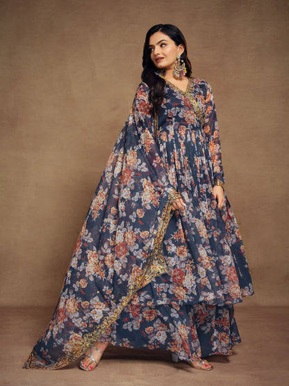 Ensemble Salwar Suit imprimé en chiffon bleu marine avec dupatta