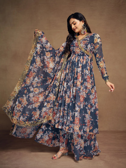 Ensemble Salwar Suit imprimé en chiffon bleu marine avec dupatta