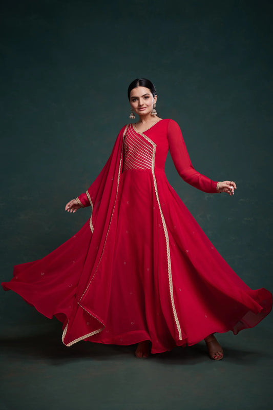 Solid red georgette maxi dress with traditional dupatta