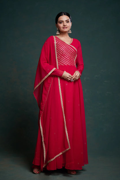 Solid red georgette maxi dress with traditional dupatta
