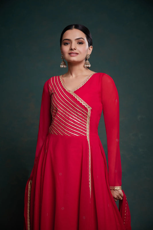 Solid red georgette maxi dress with traditional dupatta