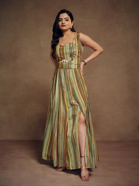 Ensemble coordonné en soie Chinon vert multicolore imprimé avec pampilles indo-occidental