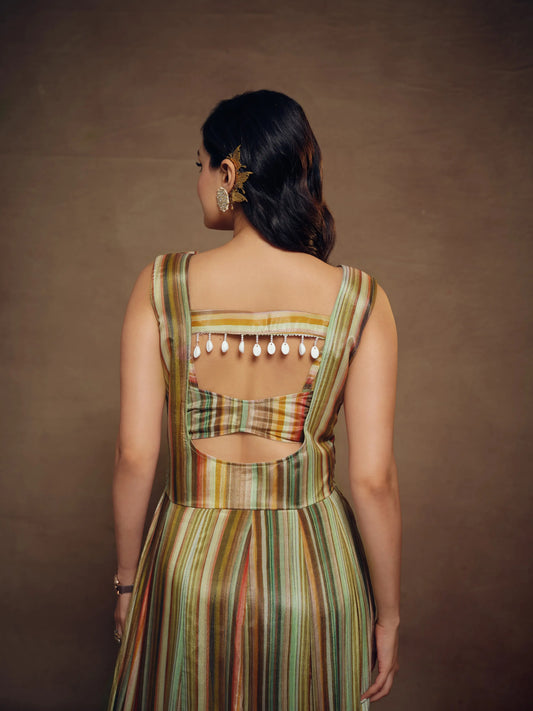 Ensemble coordonné en soie Chinon vert multicolore imprimé avec pampilles indo-occidental