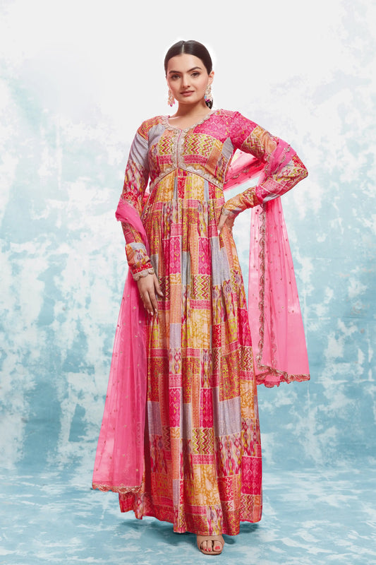 Pink and yellow printed long dress with dupatta