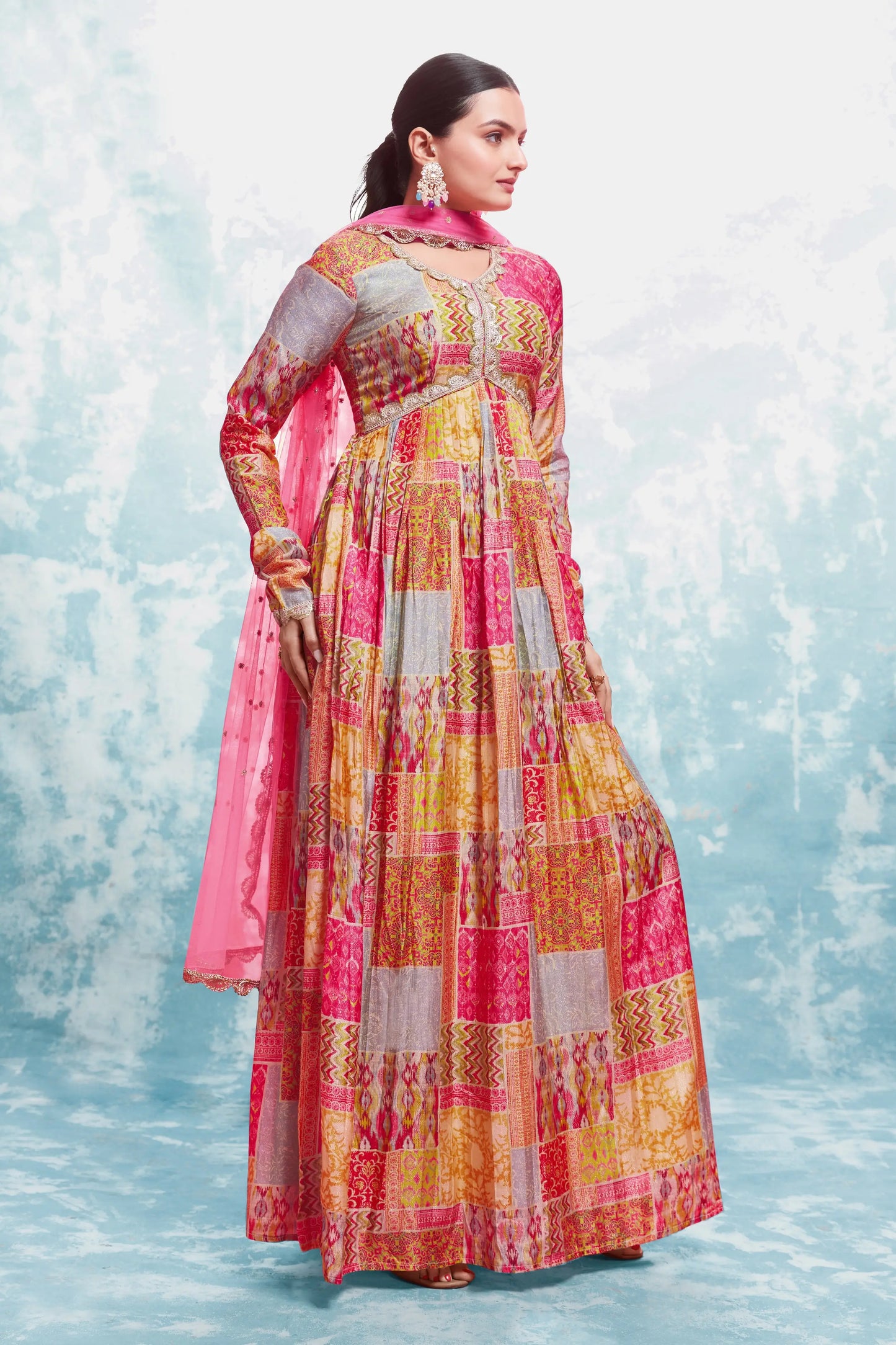 Pink and yellow printed long dress with dupatta