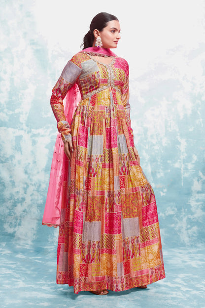 Pink and yellow printed long dress with dupatta