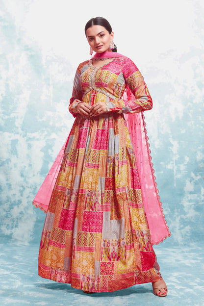 Pink and yellow printed long dress with dupatta