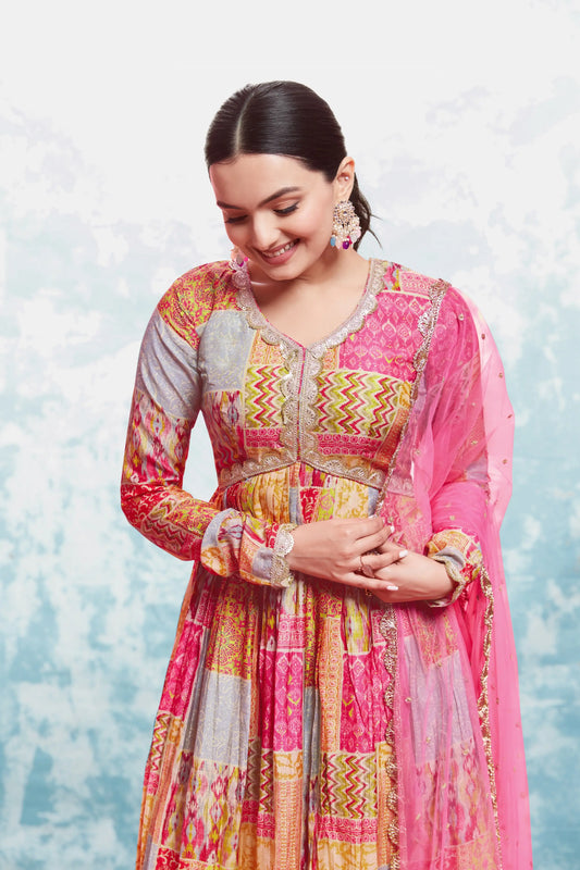Pink and yellow printed long dress with dupatta