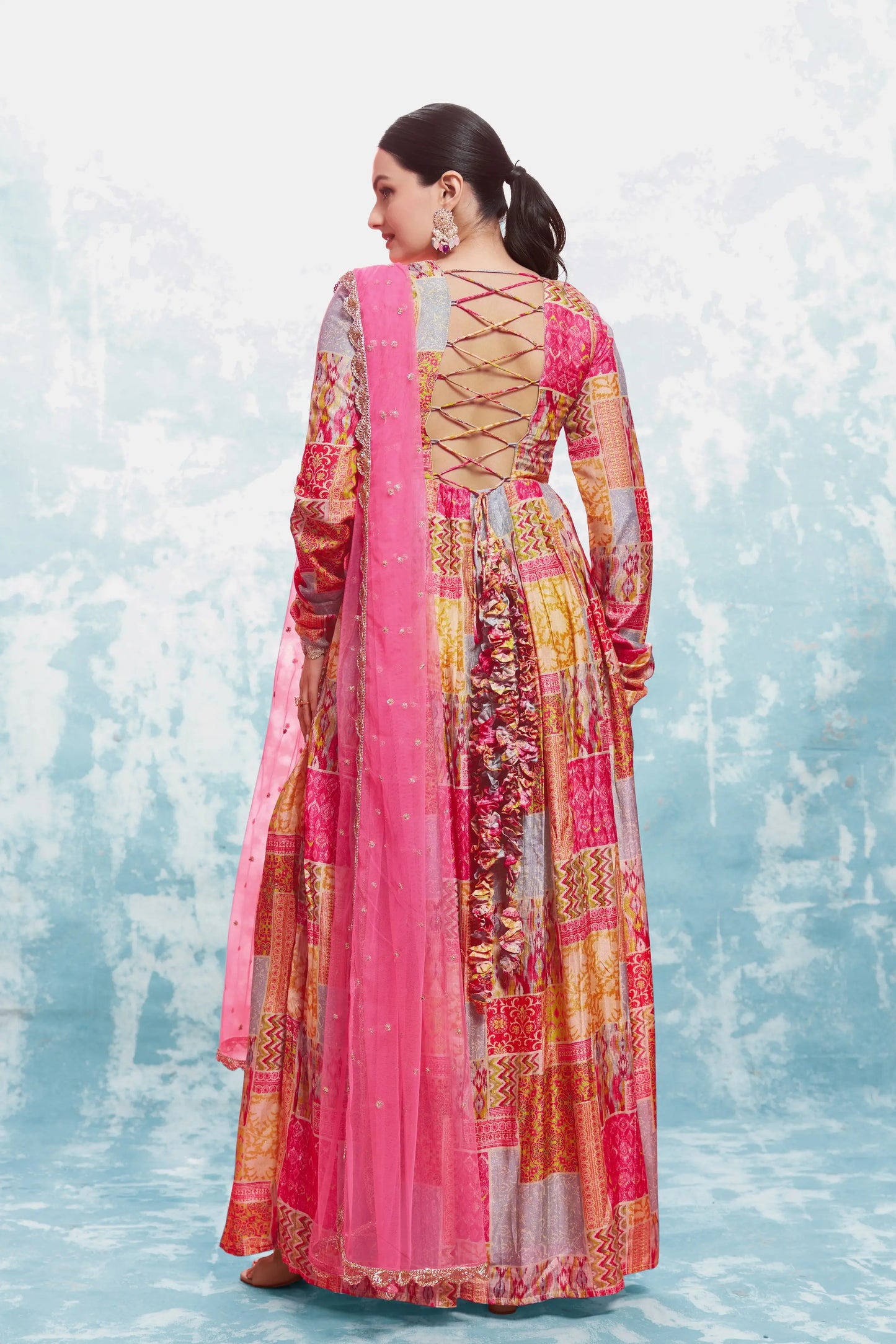 Pink and yellow printed long dress with dupatta