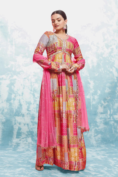 Pink and yellow printed long dress with dupatta