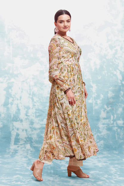 Ensemble salwar imprimé floral beige avec dupatta traditionnel