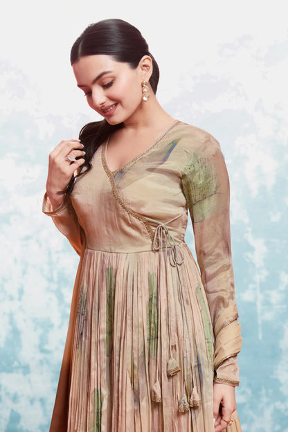 Ensemble salwar imprimé en mousseline brun rosé traditionnel