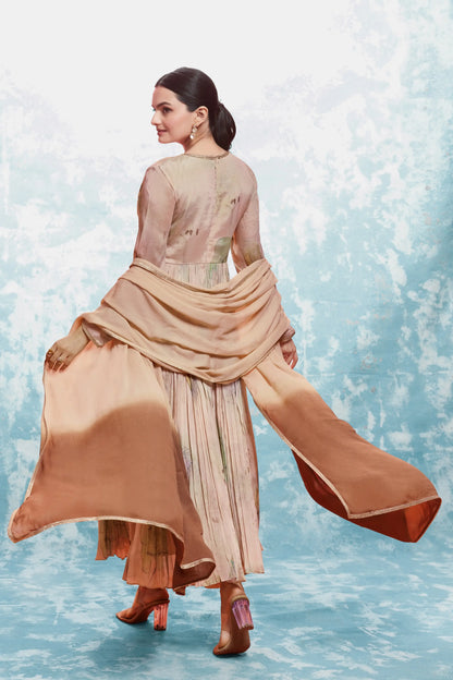 Ensemble salwar imprimé en mousseline brun rosé traditionnel